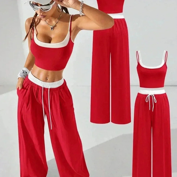 Red and White Casual Women's Sport Knit Tank Tops & Sweatpants - Picture 9 of 10